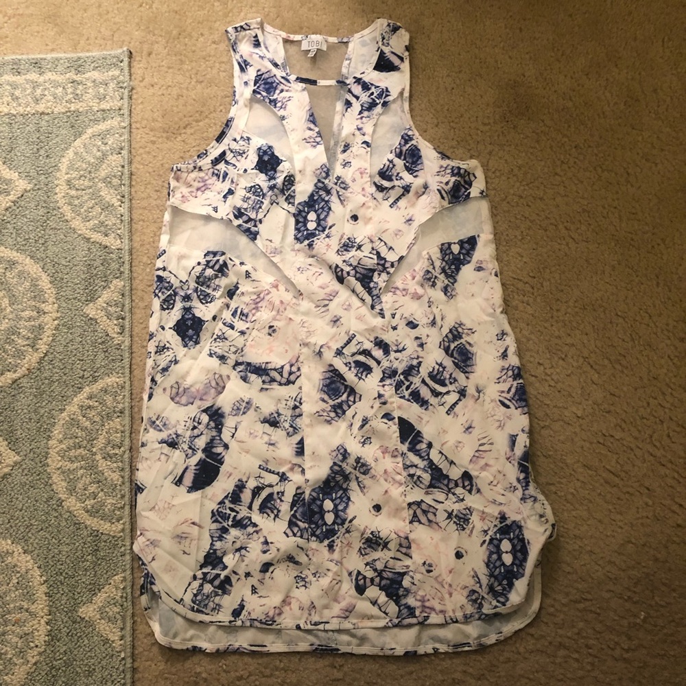 White and Blue Floral Dress with mesh cutouts